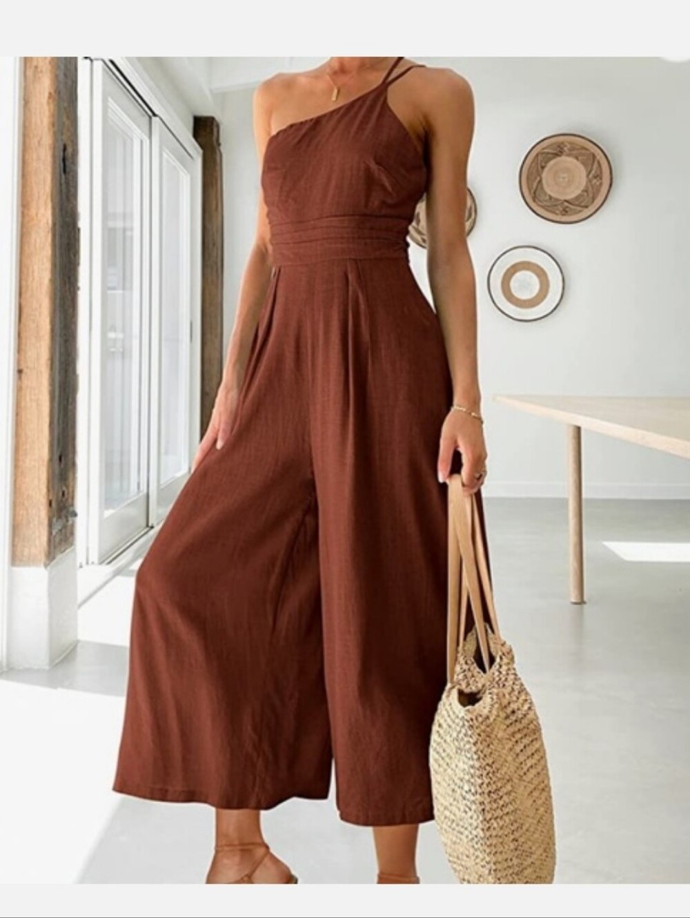 One-Shoulder Wide-Leg Jumpsuit in Rich Maroon Brown